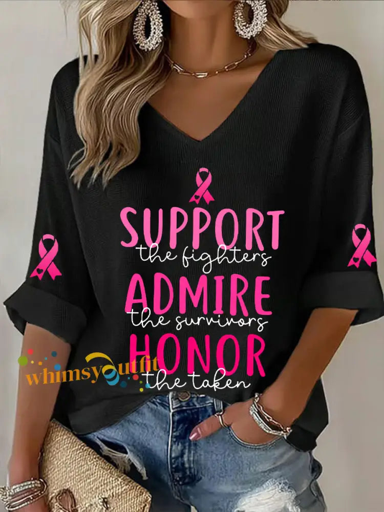 Women’s Breast Cancer Awareness Support The Fighters Admire The Survivors Honor The Taken Pink Ribbon Waffle T shirt