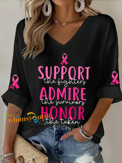 Women’s Breast Cancer Awareness Support The Fighters Admire The Survivors Honor The Taken Pink Ribbon Waffle T shirt