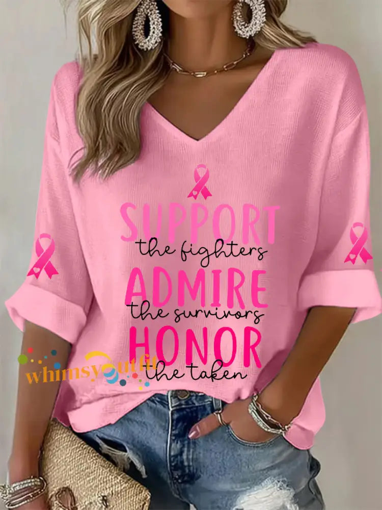 Women’s Breast Cancer Awareness Support The Fighters Admire The Survivors Honor The Taken Pink Ribbon Waffle T shirt