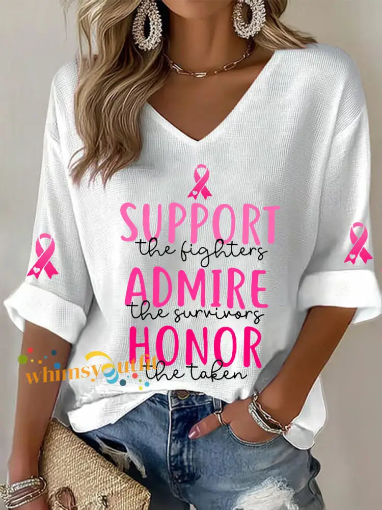 Women’s Breast Cancer Awareness Support The Fighters Admire The Survivors Honor The Taken Pink Ribbon Waffle T shirt