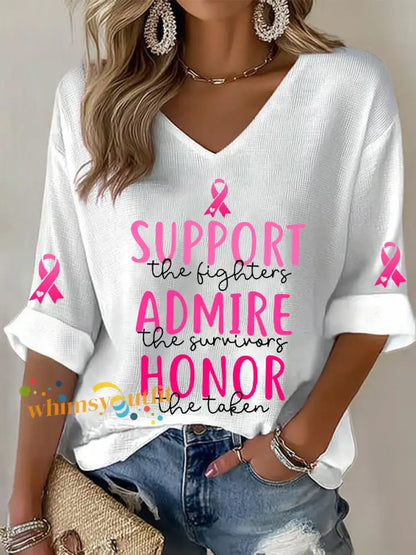 Women’s Breast Cancer Awareness Support The Fighters Admire The Survivors Honor The Taken Pink Ribbon Waffle T shirt