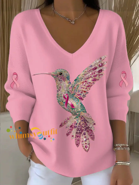 Women’s Breast Cancer Bird Print Knit V neck Pullover Sweater Pink / S