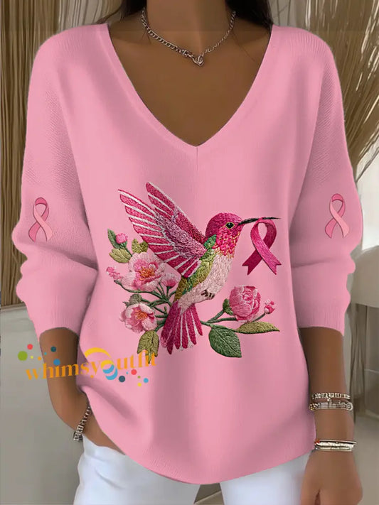 Women’s Breast Cancer Bird Print Knit V neck Pullover Sweater Pink / S