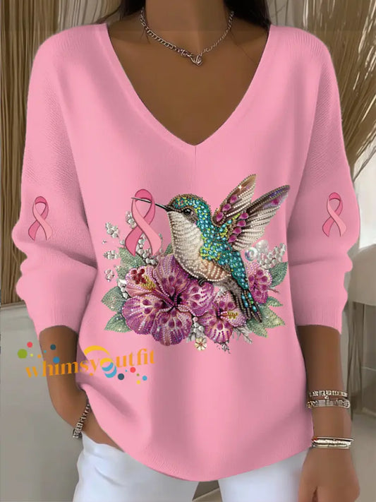 Women’s Breast Cancer Bird Print Knit V neck Pullover Sweater Pink / S