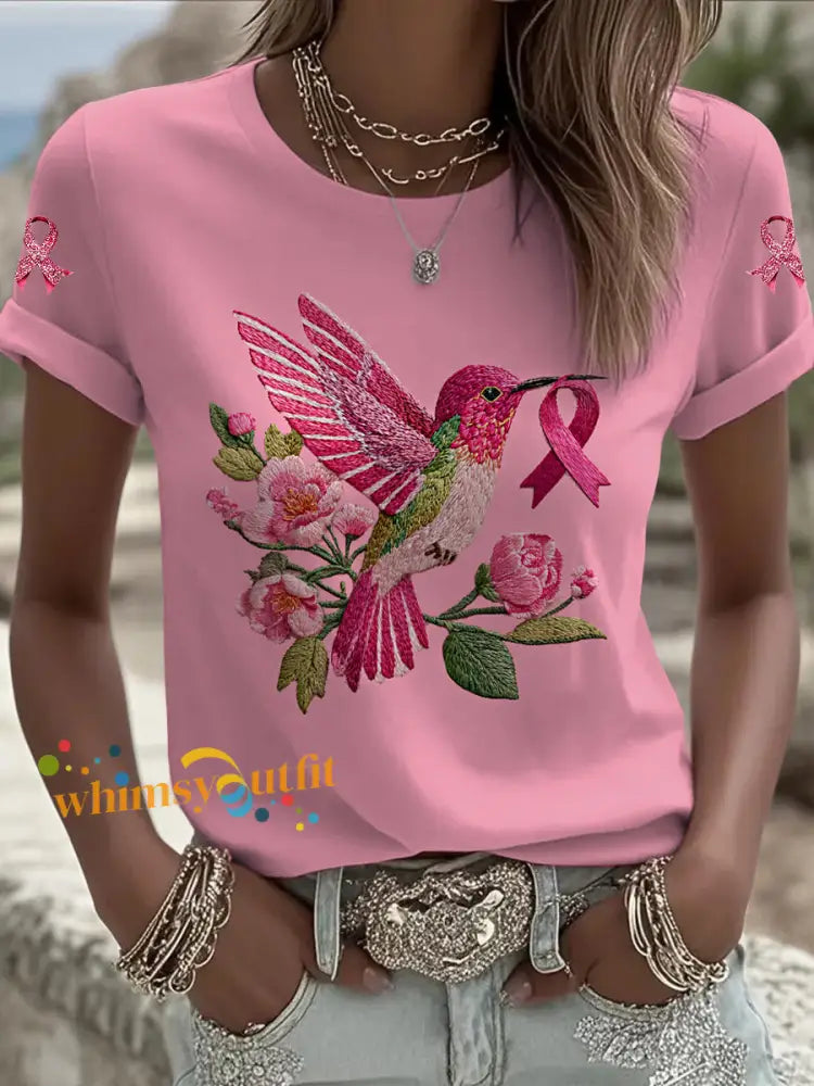 Women’s Breast Cancer Bird Printed Vintage Fashion Loose Short Sleeve T Shirt Pink / S