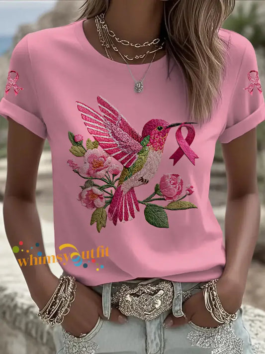 Women’s Breast Cancer Bird Printed Vintage Fashion Loose Short Sleeve T Shirt Pink / S