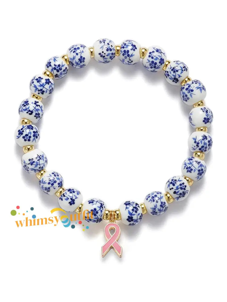 Women’s Breast Cancer Blue and White Porcelain Pink Ribbon Bracelet