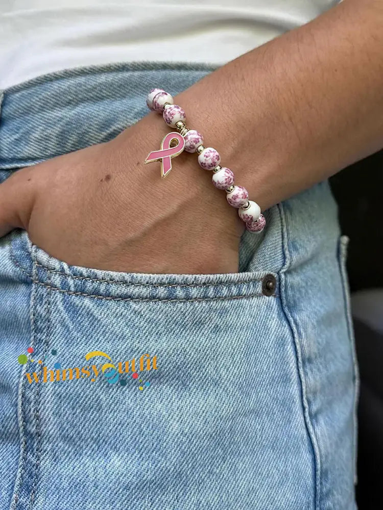 Women’s Breast Cancer Blue and White Porcelain Pink Ribbon Bracelet Pink / ONE