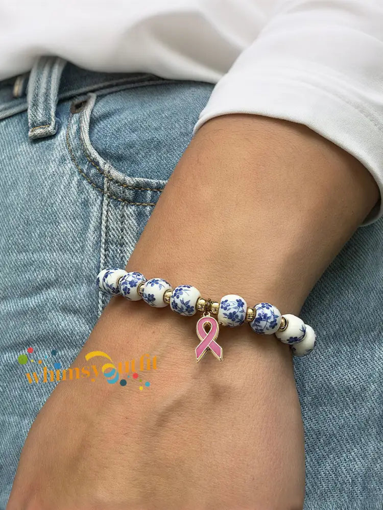 Women’s Breast Cancer Blue and White Porcelain Pink Ribbon Bracelet Blue / ONE