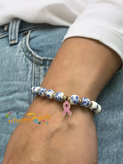 Women’s Breast Cancer Blue and White Porcelain Pink Ribbon Bracelet Blue / ONE