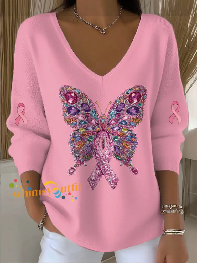 Women’s Breast Cancer Butterfly Print Knit V neck Pullover Sweater Pink / S