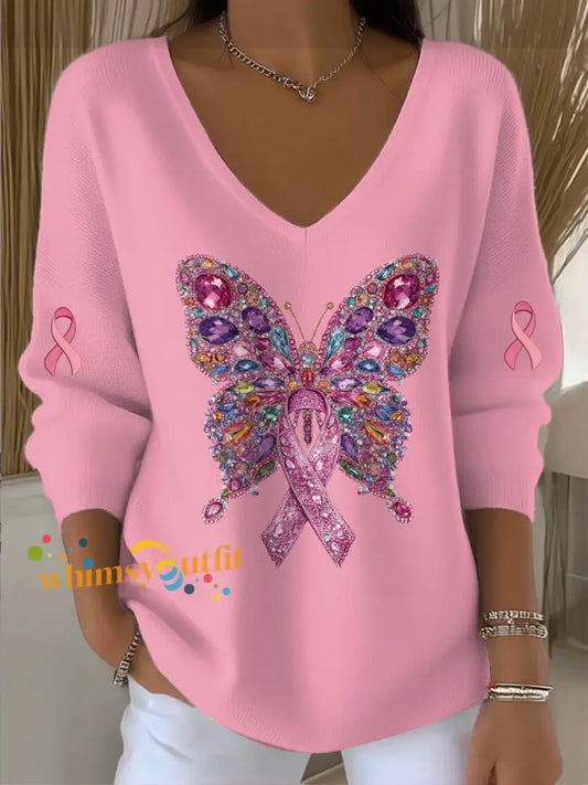 Women’s Breast Cancer Butterfly Print Knit V neck Pullover Sweater Pink / S