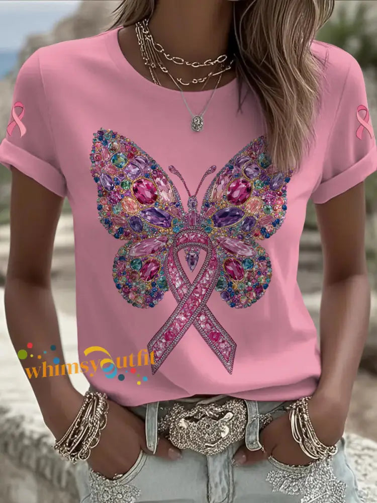 Women’s Breast Cancer Butterfly Printed Vintage Fashion Loose Short Sleeve T Shirt Pink / S