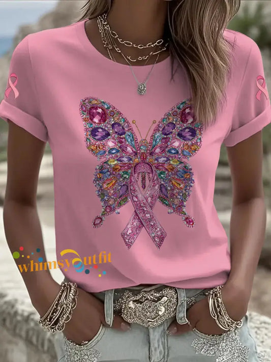 Women’s Breast Cancer Butterfly Printed Vintage Fashion Loose Short Sleeve T Shirt Pink / S