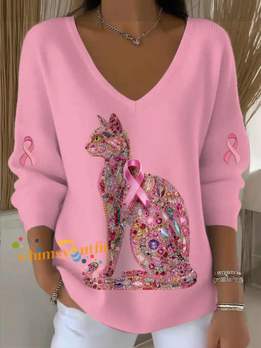 Women’s Breast Cancer Cat Print Knit V neck Pullover Sweater Pink / S
