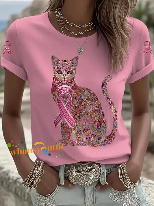 Women’s Breast Cancer Cat Printed Vintage Fashion Loose Short Sleeve T Shirt Pink / S
