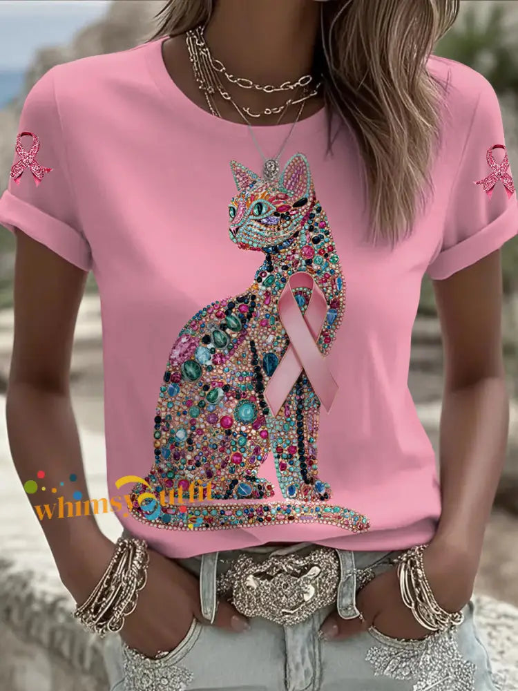 Women’s Breast Cancer Cat Printed Vintage Fashion Loose Short Sleeve T Shirt Pink / S