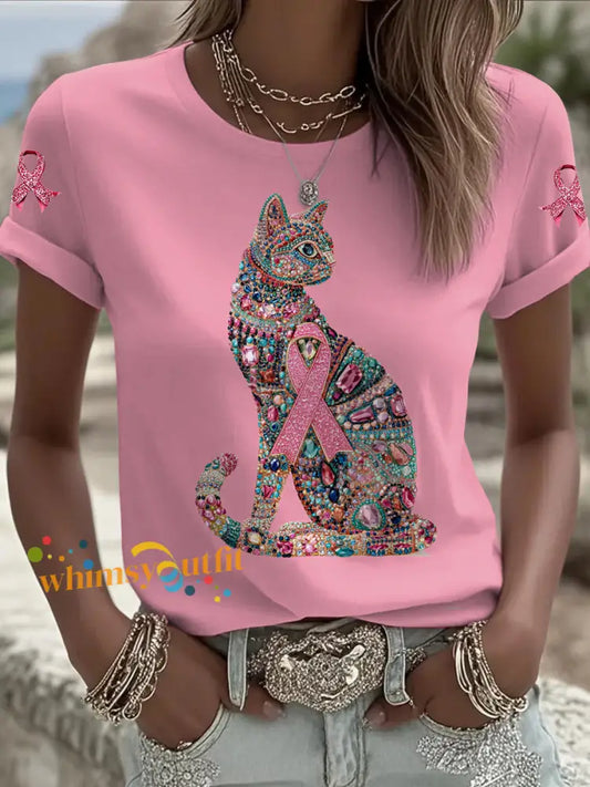 Women’s Breast Cancer Cat Printed Vintage Fashion Loose Short Sleeve T Shirt Pink / S