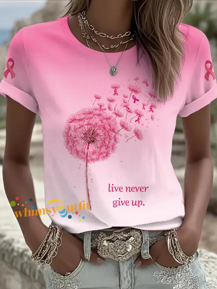 Women’s Breast Cancer Dandelion Printed Vintage Fashion Loose Short Sleeve T Shirt Pink / S