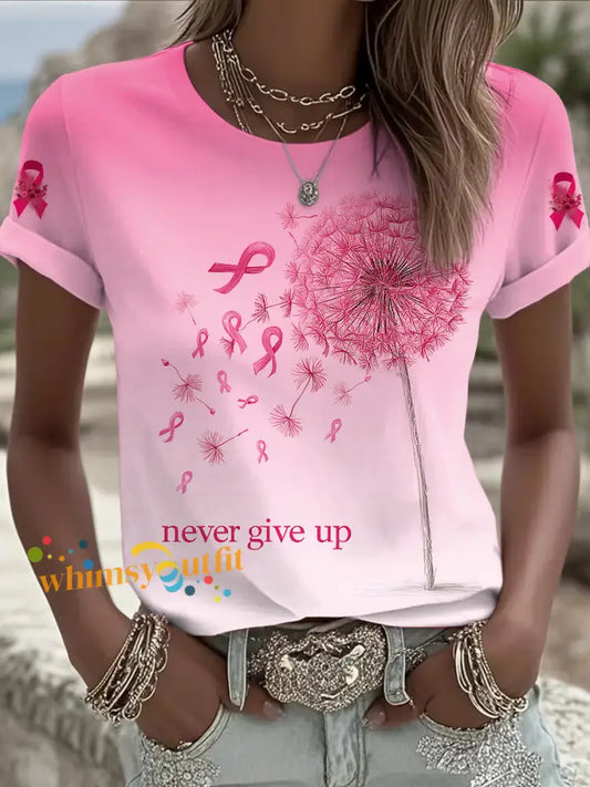 Women’s Breast Cancer Dandelion Printed Vintage Fashion Loose Short Sleeve T Shirt Pink / S
