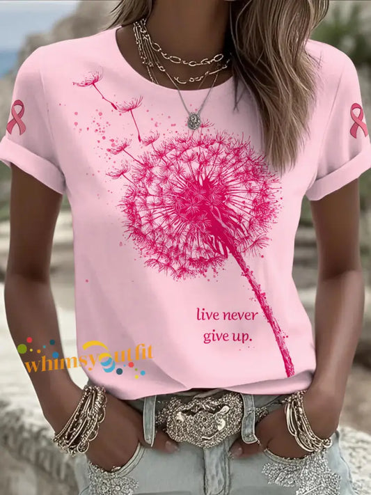 Women’s Breast Cancer Dandelion Printed Vintage Fashion Loose Short Sleeve T Shirt Pink / S