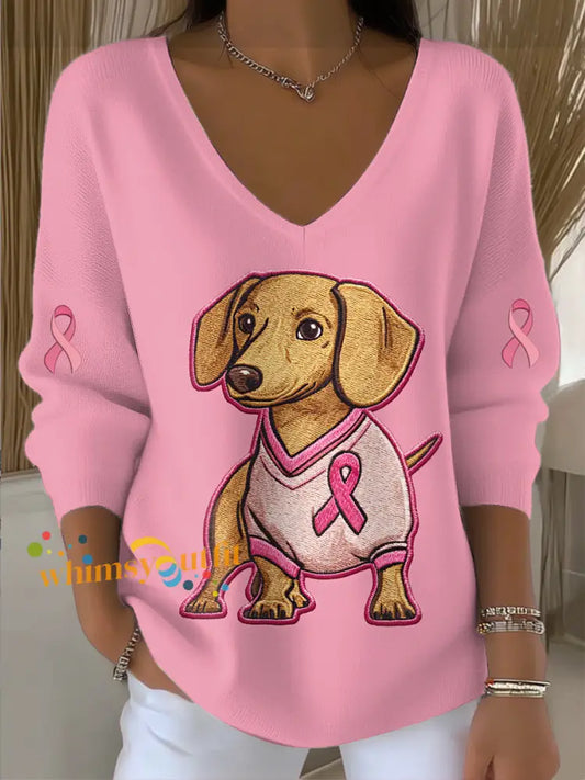 Women’s Breast Cancer Dog Print Knit V neck Pullover Sweater Pink / S