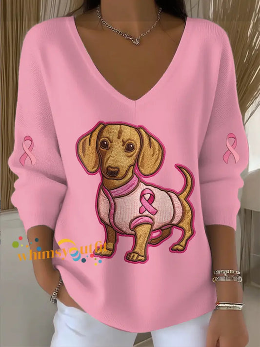 Women’s Breast Cancer Dog Print Knit V neck Pullover Sweater Pink / S