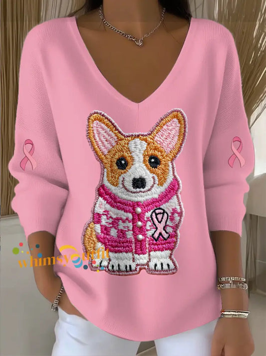 Women’s Breast Cancer Dog Print Knit V neck Pullover Sweater Pink / S