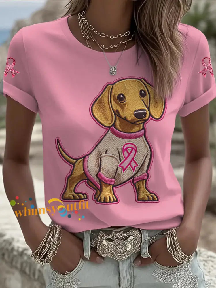 Women’s Breast Cancer Dog Printed Vintage Fashion Loose Short Sleeve T Shirt Pink / S