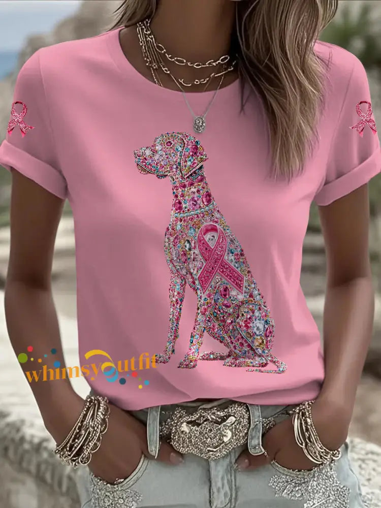Women’s Breast Cancer Dog Printed Vintage Fashion Loose Short Sleeve T Shirt Pink / S