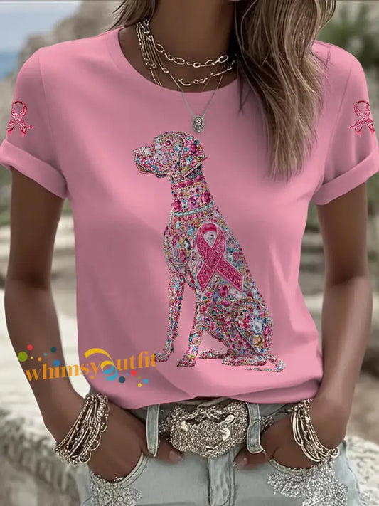 Women’s Breast Cancer Dog Printed Vintage Fashion Loose Short Sleeve T Shirt Pink / S