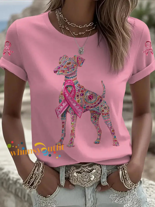 Women’s Breast Cancer Dog Printed Vintage Fashion Loose Short Sleeve T Shirt Pink / S