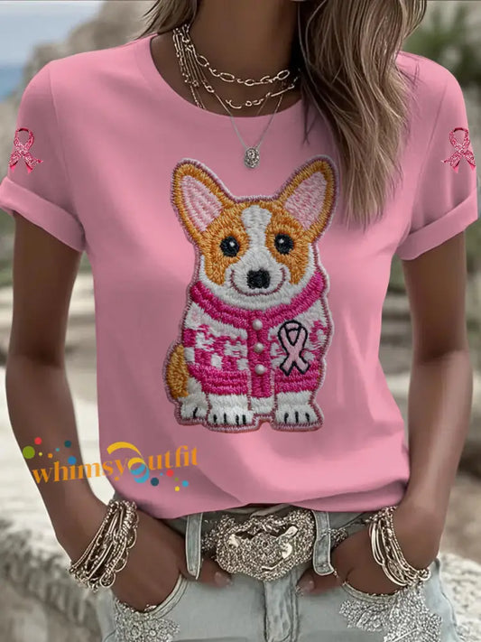Women’s Breast Cancer Dog Printed Vintage Fashion Loose Short Sleeve T Shirt Pink / S