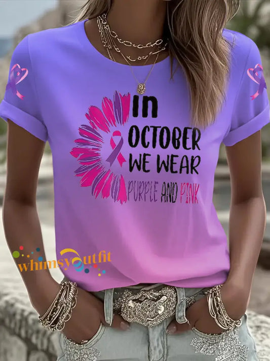 Women’s Breast cancer domestic violence awareness Printed short sleeved T shirt Pink Purple / S