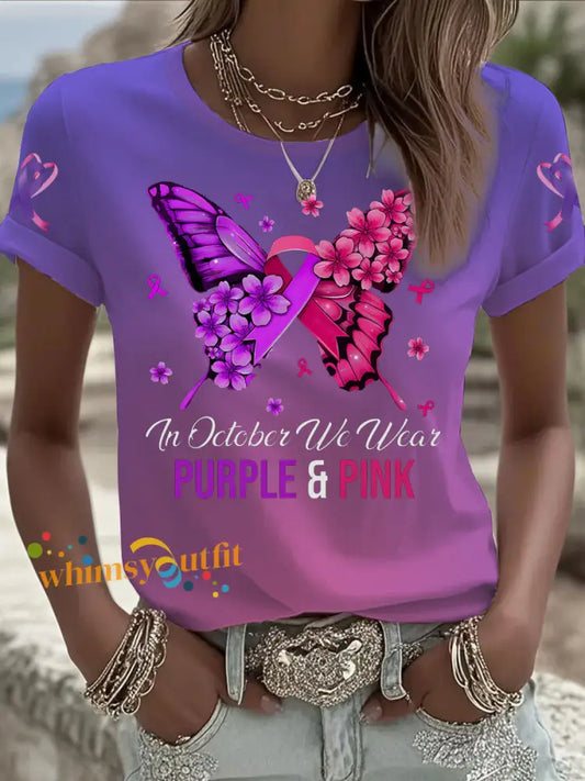 Women’s Breast cancer domestic violence awareness Printed short sleeved T shirt Pink Purple / S