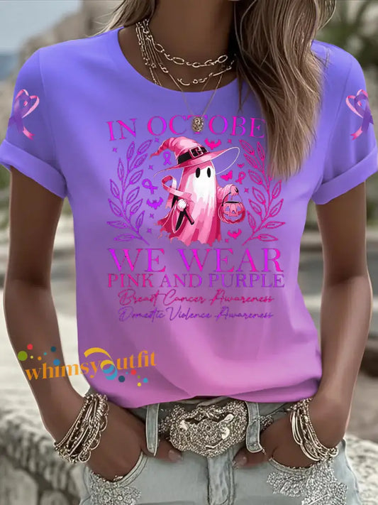 Women’s Breast cancer domestic violence awareness Printed short sleeved T shirt Pink Purple / S