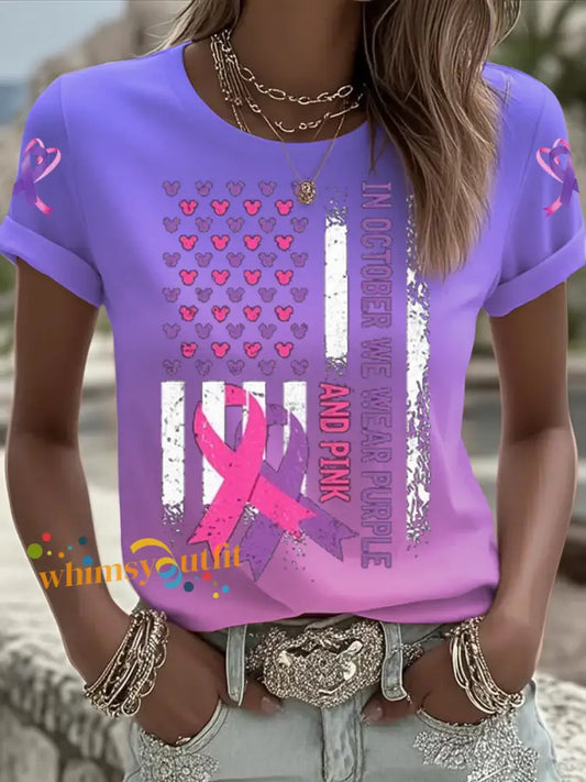 Women’s Breast cancer domestic violence awareness Printed short sleeved T shirt Pink Purple / S