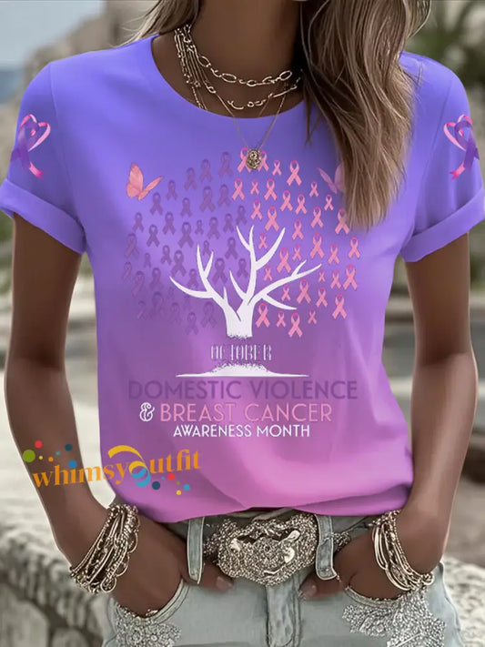 Women’s Breast cancer domestic violence awareness Printed short sleeved T shirt Pink Purple / S