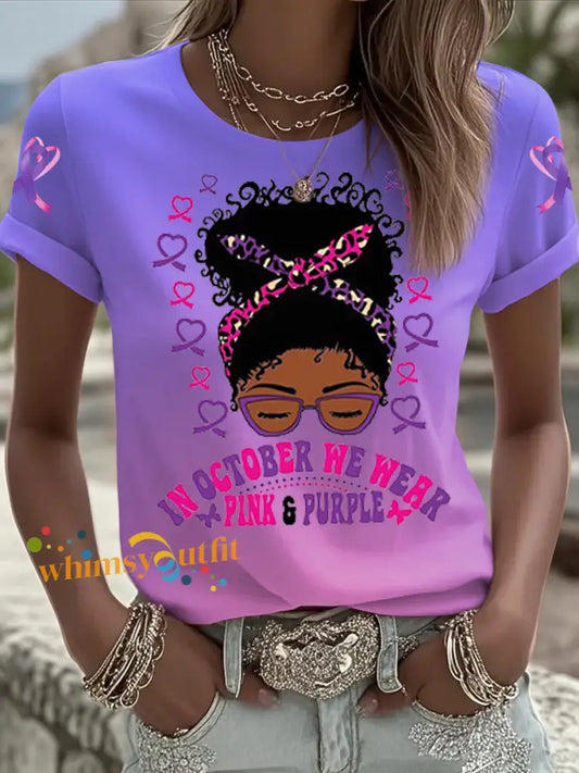Women’s Breast cancer domestic violence awareness Printed short sleeved T shirt Pink Purple / S