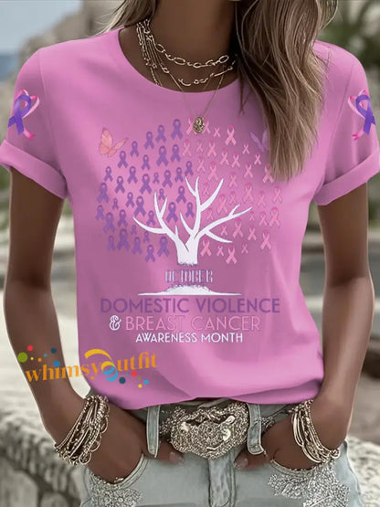 Women’s Breast cancer domestic violence awareness Printed short sleeved T shirt Pink / S