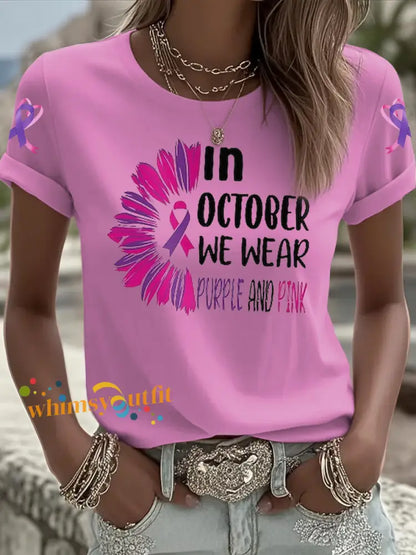 Women’s Breast cancer domestic violence awareness Printed short sleeved T shirt Pink / S