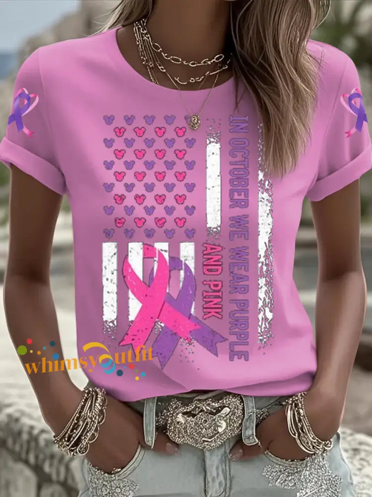 Women’s Breast cancer domestic violence awareness Printed short sleeved T shirt Pink / S