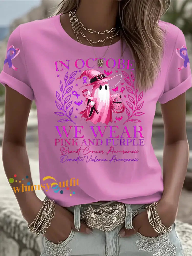 Women’s Breast cancer domestic violence awareness Printed short sleeved T shirt Pink / S