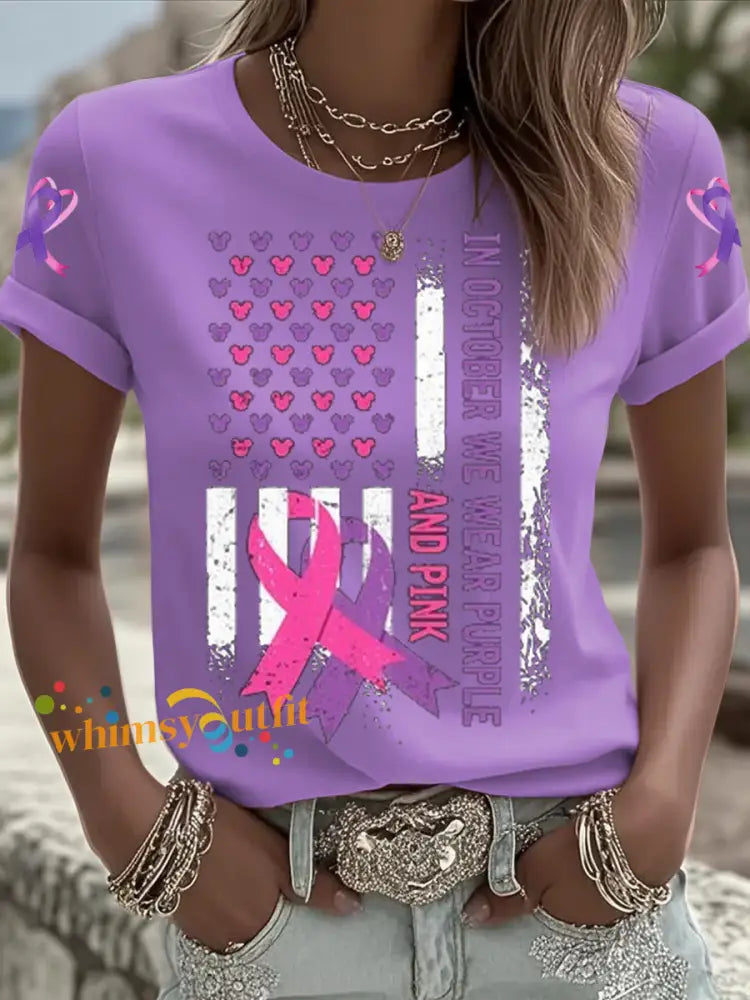 Women’s Breast cancer domestic violence awareness Printed short sleeved T shirt Purple / S