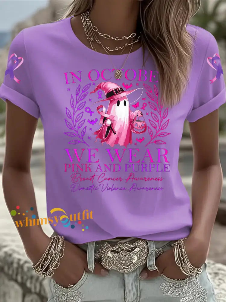 Women’s Breast cancer domestic violence awareness Printed short sleeved T shirt Purple / S