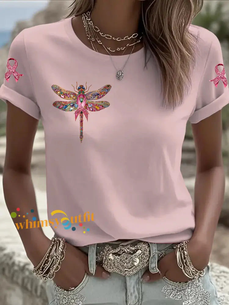 Women’s Breast Cancer Dragonfly Printed Vintage Fashion Loose Short Sleeve T Shirt Pink / S