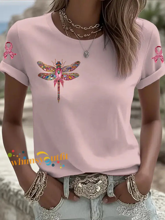 Women’s Breast Cancer Dragonfly Printed Vintage Fashion Loose Short Sleeve T Shirt Pink / S