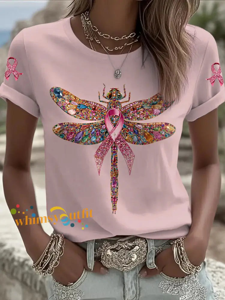 Women’s Breast Cancer Dragonfly Printed Vintage Fashion Loose Short Sleeve T Shirt Pink / S