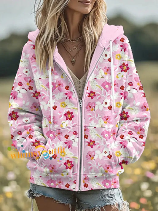 Women’s Breast Cancer Flowers Print Zip-Up Hoodie As picture / S