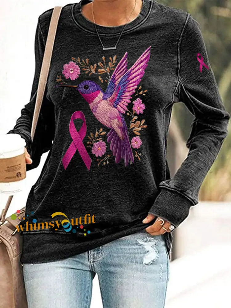 Women’s Breast Cancer Hummingbird Print Casual Sweatshirt Black / S